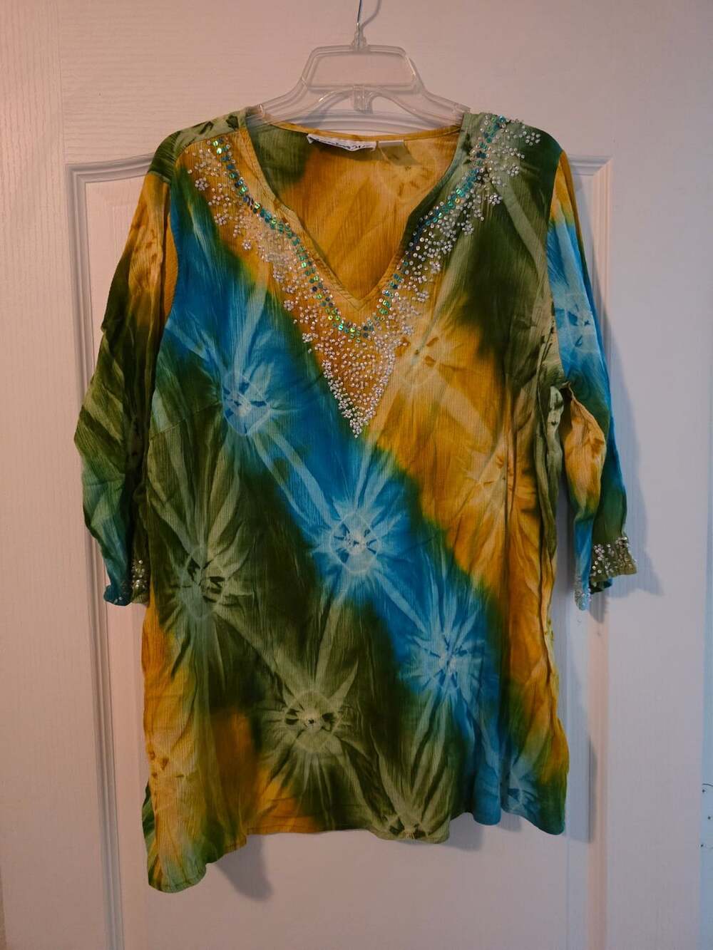 Denim 24/7 Green Blue Yellow Tie Dye Sequin V-Neck Tunic Top 1X